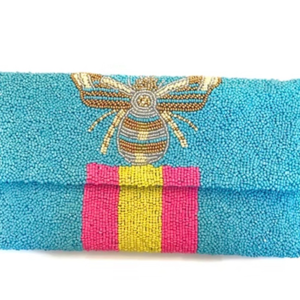 Moyna Beaded Clutch with Bee Design - Blue, Pink, Yellow